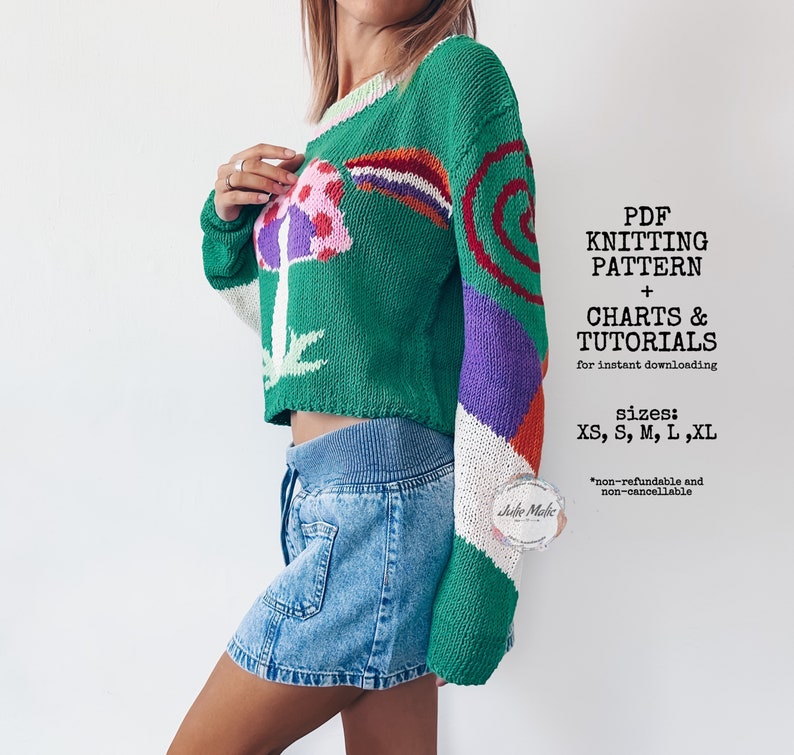 intarsia knitting, womens knit sweaters
magic mushroom hippie fun pullover, sweater knit pattern, colorwork knitting step by step pattern, cropped fall sweater, mushroom fungi knit crew neck sweater diy, easy pattern toadstool colorwork