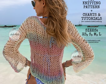 Sexy sheer longsleeve top knitting pattern PDF Boho mesh crop top knitting tutorial Beach cover up knitting chart Bohemian see through top