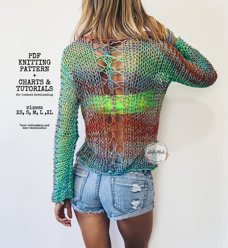 womens summer mesh sweater easy knitting pattern for beginners, lace cropped top quick knit pattern, beach cover up top knitting tutorial, boho crop top hand knitting, sexy sheer top, open knit sweater, light knit sweater, sexy chunky sweater