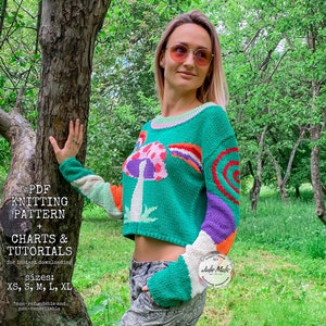 intarsia knitting, womens knit sweaters
magic mushroom hippie fun pullover, sweater knit pattern, colorwork knitting step by step pattern, cropped fall sweater, mushroom fungi knit crew neck sweater diy, easy pattern toadstool colorwork