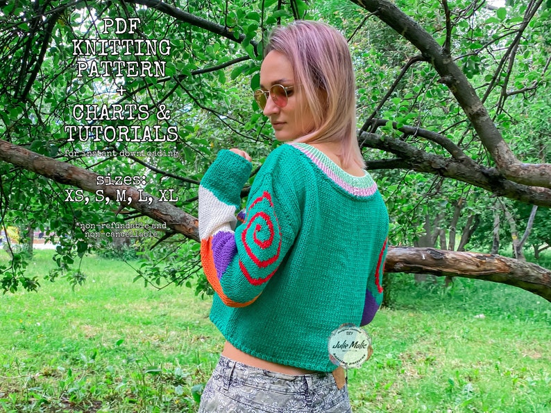 intarsia knitting, womens knit sweaters
magic mushroom hippie fun pullover, sweater knit pattern, colorwork knitting step by step pattern, cropped fall sweater, mushroom fungi knit crew neck sweater diy, easy pattern toadstool colorwork