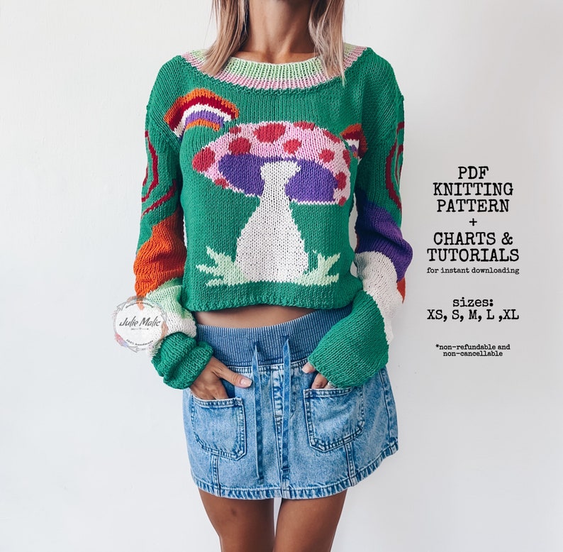 intarsia knitting, womens knit sweaters
magic mushroom hippie fun pullover, sweater knit pattern, colorwork knitting step by step pattern, cropped fall sweater, mushroom fungi knit crew neck sweater diy, easy pattern toadstool colorwork