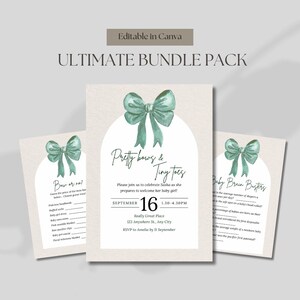 Pu&ograve; includere: Un pacchetto di inviti per baby shower con un design a fiocco verde acqua. Il pacchetto include inviti, giochi e un cartello di benvenuto. Il testo include "Pretty bows & Tiny toes". L'invito &egrave; modificabile in Canva.