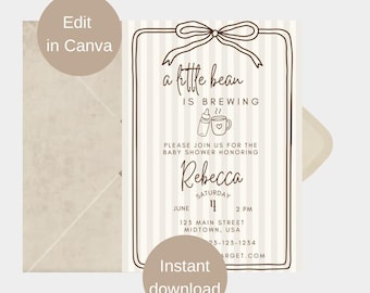 Pacchetto di inviti per baby shower A Little Bean / Set stampabile color caffè neutro (download digitale)