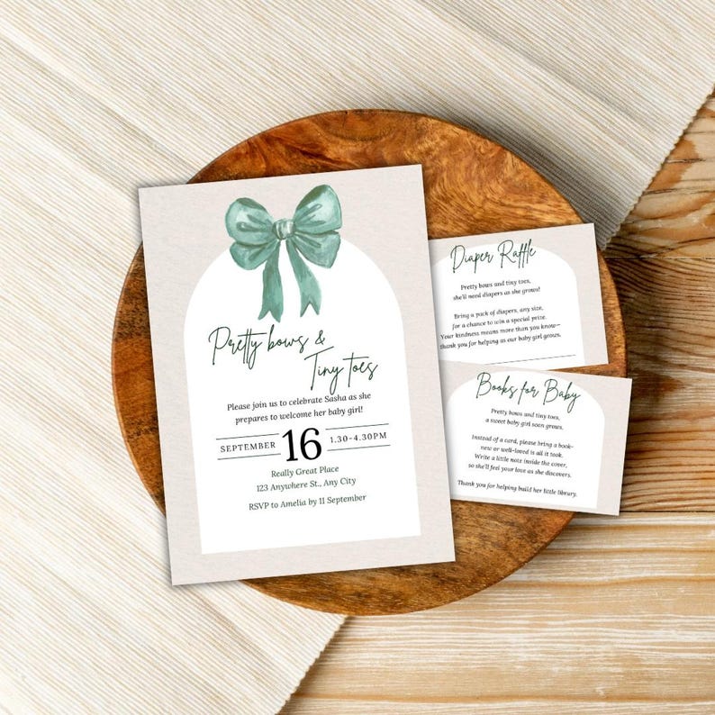 Pacchetto di inviti per baby shower "Pretty Bows and Tiny Toes" (download digitale) immagine 1