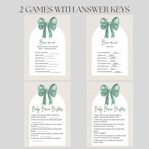 Pu&ograve; includere: Quattro biglietti per giochi per baby shower. Ogni biglietto presenta un'illustrazione di fiocco verde acqua. I giochi includono "Bow or Not" e "Baby Brain Busters", con chiavi di risposta. Lo sfondo &egrave; beige chiaro.