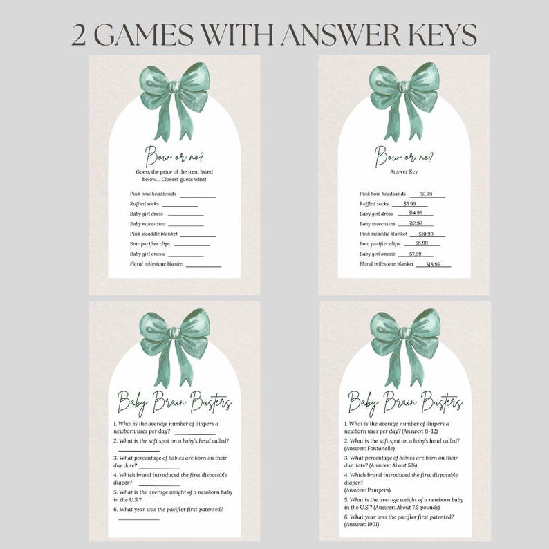 Pu&ograve; includere: Quattro biglietti per giochi per baby shower. Ogni biglietto presenta un'illustrazione di fiocco verde acqua. I giochi includono "Bow or Not" e "Baby Brain Busters", con chiavi di risposta. Lo sfondo &egrave; beige chiaro.