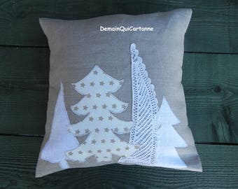 Linen & Christmas trees appliqué pillow cover