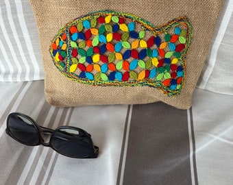 Pochette en jute/sac/rangement/trousse/poisson coloré appliqué