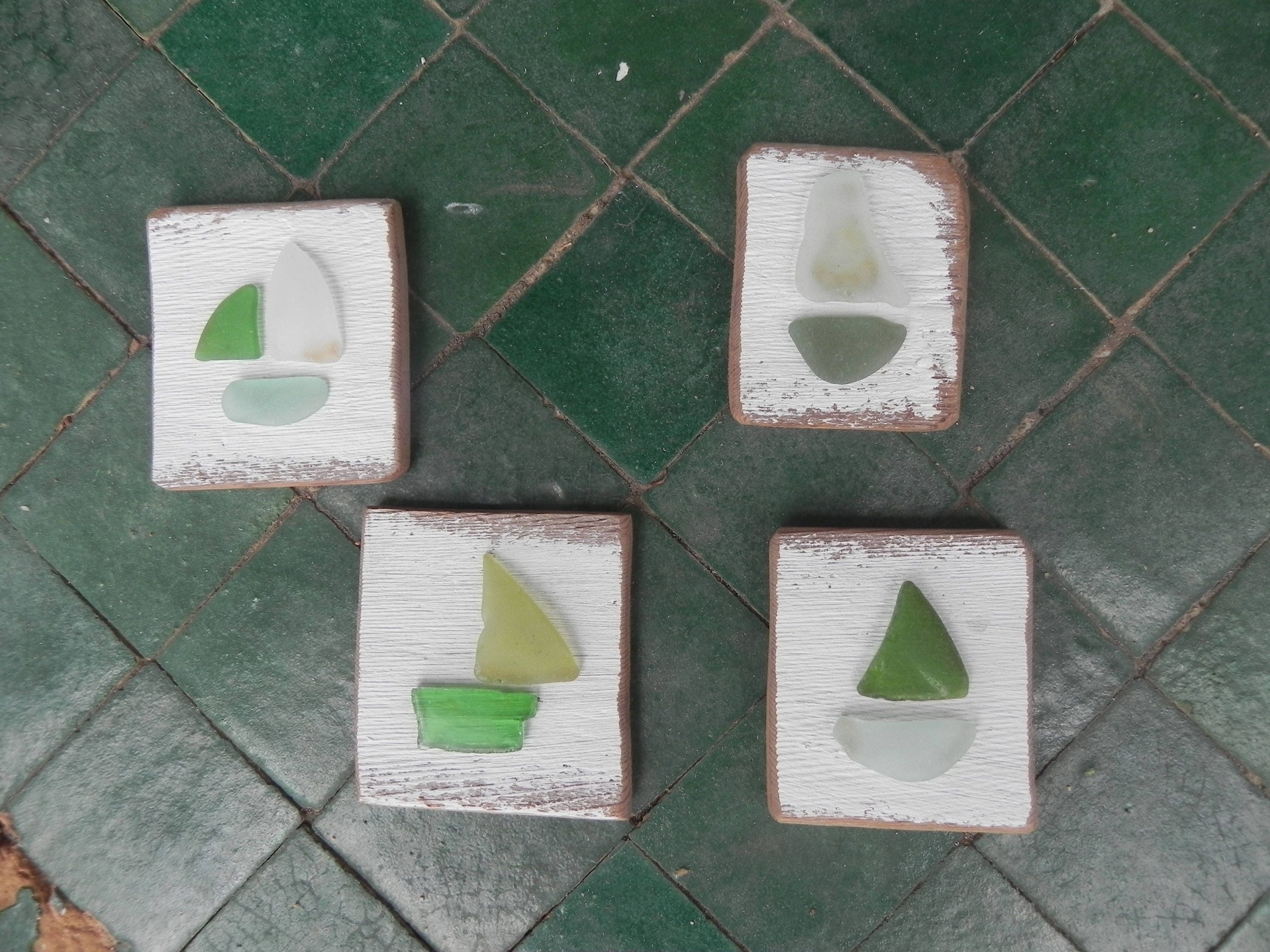 4 Magnets en Bois Flottés/Bateau/Verres Dépolis