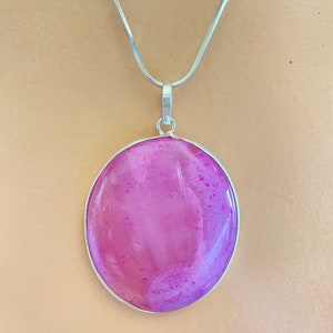 Pink Agate pendant necklace hand carved jewelry framed in 925 sterling silver casing with Chain included. Hypoallergenic none tarnishing