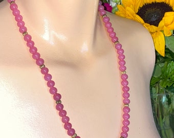 Collar de ágata rosa botswana hecho a mano Cuentas redondas lisas, pieza de declaración de piedra semipreciosa