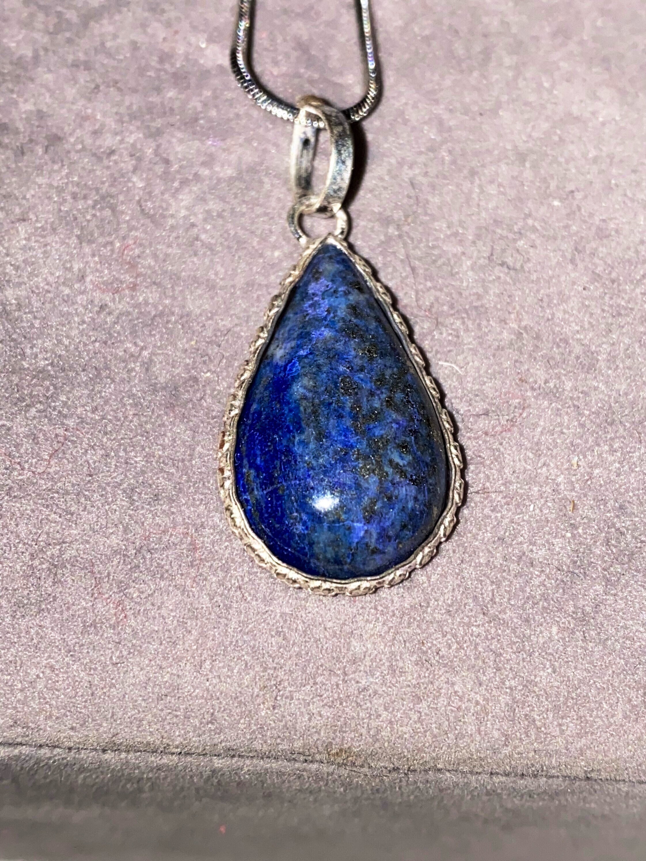 Collier Pendentif Poire En Lapis-Lazuli Naturel Et Argent 925 - Longueur 18 Pouces (45 Cm) - Neuf