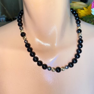Handmade necklace Black Onyx and Silver Barrel Beaded Jewelry with special safety clasps.