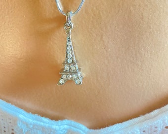 Eiffel Tower pendant necklace with very reflective crystals fashion jewelry statement piece none tarnishing hypoallergenic materials