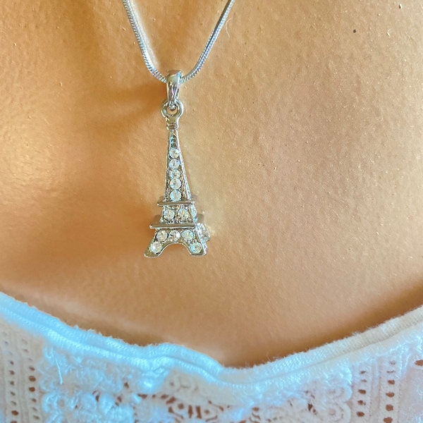 Eiffel Tower pendant necklace with very reflective crystals fashion jewelry statement piece none tarnishing hypoallergenic materials