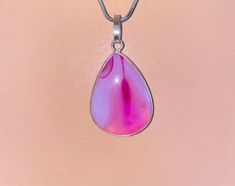 Hand Carved Pink Agate Sterling Silver Pendant Necklace