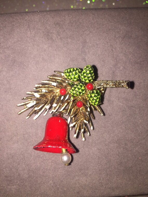 Vintage brooch Christmas Bells with Green Fir Bra… - image 1