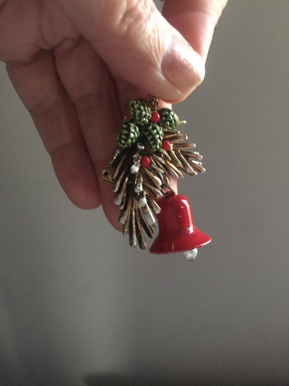Vintage brooch Christmas Bells with Green Fir Bra… - image 4