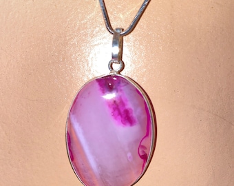 Hand Carved Pink Agate Pendant Necklace, Sterling Silver Chain