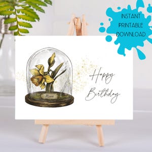 Tarjeta de cumpleaños con narciso de marzo, descarga digital. Tarjeta de feliz cumpleaños con narciso de colores, imprimible al instante.