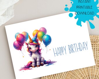 赤ちゃんのためのハッピーバースデーカード、デジタルダウンロード 赤ちゃんユニコーンとカラフルな風船のハッピーバースデーカード、印刷可能なバースデーカード