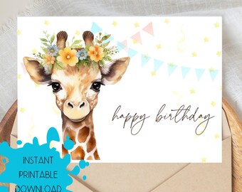 Happy Birthday Card, DIGITAL DOWNLOAD Happy Birthday Card with Colorful Giraffe, Printable Birthday Card, Happy Birthday Instant Download