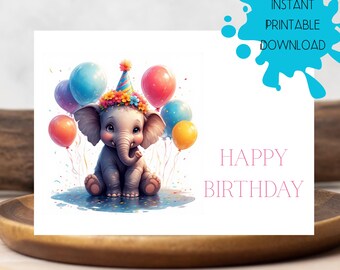 Happy Birthday Card for Baby, DIGITAL DOWNLOAD Happy Birthday Card with Baby Elephant and Colorful Balloons, Printable Birthday Card