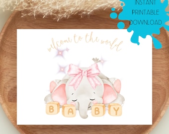 Welcome to the World Baby Card, Newborn Pink Elephant Babay Shower, Digital Download