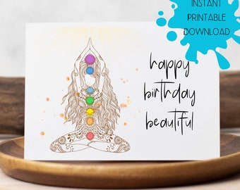 Printable Yoga Birthday Card, Instant Download Happy Birthday Beautiful Card, Digital Download, Chakra Goddess Birthday Card, Spiritual