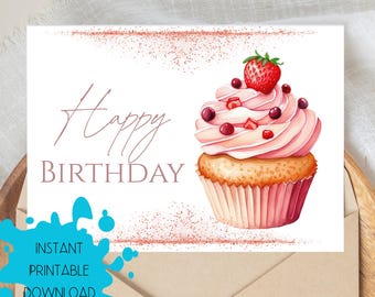 Happy Birthday Card, DIGITAL DOWNLOAD Birthday Card with Strawberry Shortcake Cupcake, Printable Birthday Card, Instant Download Birthday