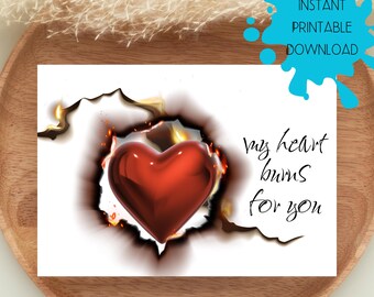 My Heart Burns for You Card, DIGITAL DOWNLOAD I Love You Card with Burning Red Heart, Printable Adult Romantic Heart Card, Instant Download