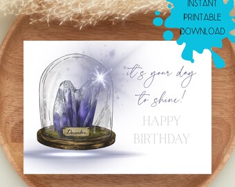 Happy December Blue Topaz Birthday Card, DIGITAL DOWNLOAD Happy Birthday Card with Colorful Gemstone Crystal, Printable Birthday Card