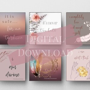 May include: Six pink and brown affirmation cards with gold accents and inspirational quotes. The quotes are: "It is safe... for me to shine", "It's never too late", "I completely love and accept myself", "I am divine", "Attraction Deck 2", "I am what I think".