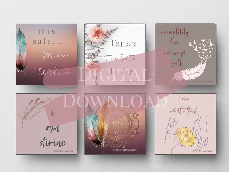 May include: Six pink and brown affirmation cards with gold accents and inspirational quotes. The quotes are: "It is safe... for me to shine", "It's never too late", "I completely love and accept myself", "I am divine", "Attraction Deck 2", "I am what I think".
