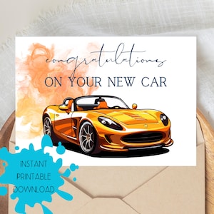 Puede incluir: Tarjeta de felicitación con una ilustración de un coche deportivo amarillo y el texto «FELICIDADES POR TU NUEVO COCHE». También incluye el texto «DESCARGA IMPRIMIBLE INSTANTÁNEA».