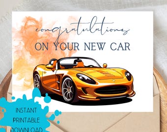 Congratulations New Car Card, Yellow Convertible Sporty, Digital Download