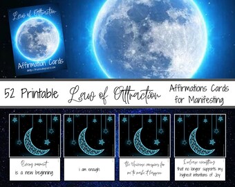 52 Printable Affirmation cards, Law of Attraction Affirmations, Vision Board cards, Manifesting Affirmations, Mantra Cards, Oracle Cards