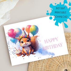 May include: A birthday card featuring a cartoon squirrel with a party hat and balloons. The squirrel is holding balloons and a cupcake. The words "Happy Birthday" are written in pink. The card also says "Instant Printable Download".