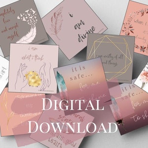May include: A set of pink and brown affirmation cards with gold accents. The cards feature positive messages such as "I am worthy of all good things" and "It is safe for me to shine".