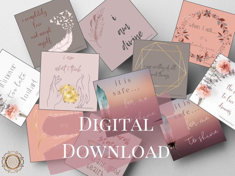 May include: A set of pink and brown affirmation cards with gold accents. The cards feature positive messages such as "I am worthy of all good things" and "It is safe for me to shine".