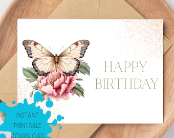Happy Birthday Card, DIGITAL DOWNLOAD Happy Birthday Card with Colorful Butterfly, Printable Birthday Card, Happy Birthday Instant Download