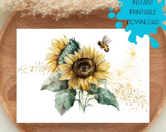 Sunflowers Honeybee Blank Greeting Card, Friendship Gratitude, Digital Download