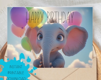 カラフルな風船が描かれた子ゾウの誕生日カード – 印刷可能なデジタルダウンロード