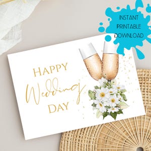 Happy Wedding Day Card, DIGITAL DOWNLOAD Wedding Card with Champagne + Flowers, Printable Wedding Card, Instant Download Happy Wedding Card