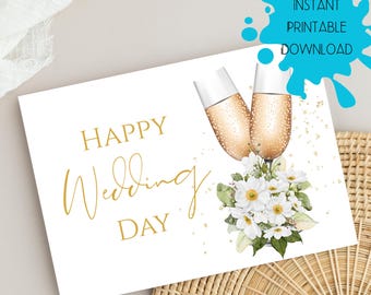 Happy Wedding Day Card, Engaged Couples Love Champagne Glasses, Digital Download