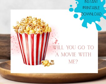 Will You Go to Movie Card, DIGITAL DOWNLOAD Date Night Card with Colorful Popcorn Bucket, Printable Date Night Card, Instant Download