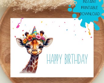 Happy Birthday Card for Baby, DIGITAL DOWNLOAD Happy Birthday Card with Baby Giraffe and Colorful Flowers, Printable Birthday Card
