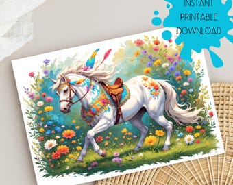 カラフルな馬の空白カード、種牡馬馬術ムスタング、デジタルダウンロード