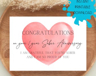Congratulations 1-year Sober Card, AA Addiction Recovery, Digital Download